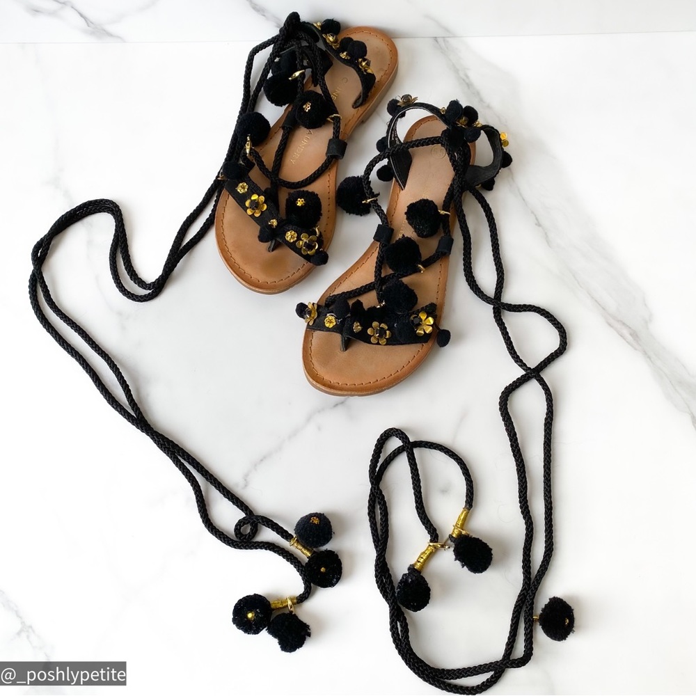 Chinese Laundry 5.5  gold lace up tie up black leather pom pom sandals flats